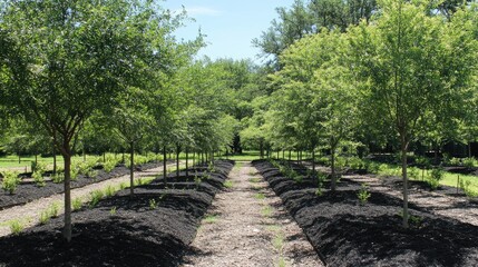 Obraz premium A tree nursery with large, mature trees ready for relocation.