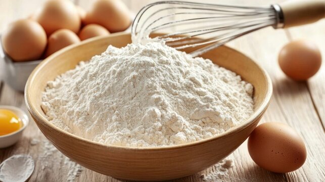 Wooden bowl of flour, whisk, eggs, baking ingredients on light wood