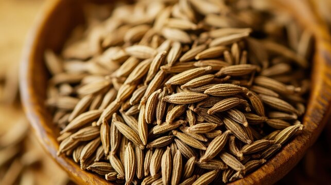 Wooden bowl of piled cumin seeds on a wooden surface