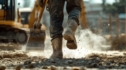 Workers diligently excavating soil at a bustling construction site under the midday sun