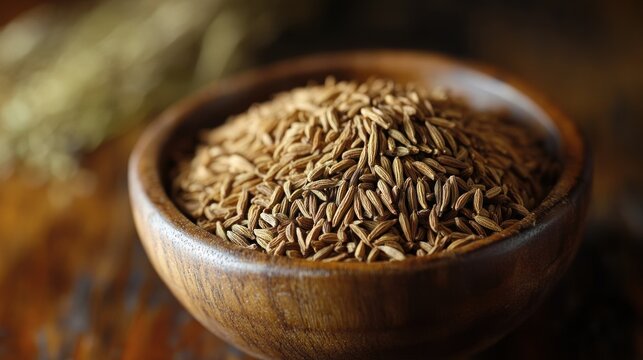 Wooden bowl of whole cumin seeds, rustic background