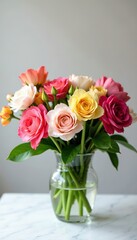Fototapeta premium Elegant arrangement of vibrant spring flowers on a marble table, background, decor