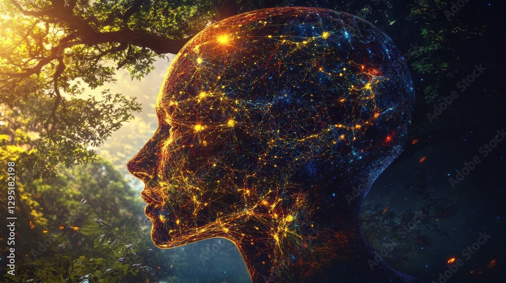 Poster human head silhouette illuminated with interconnected nodes in cosmic cyberpunk setting at dusk. gen