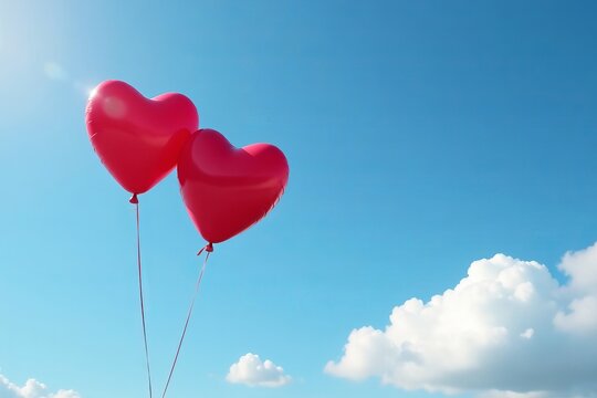 Red heart balloons floating in a clear blue sky with fluffy clouds, celebration, hearts
