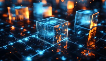 Abstract glowing cubes on digital network