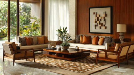 Fototapeta premium A warm, welcoming lounge with a mix of contemporary and retro furniture.