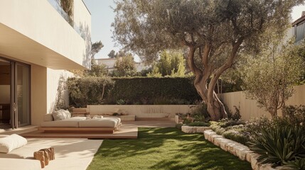 A well-designed backyard with a recently transplanted large tree.