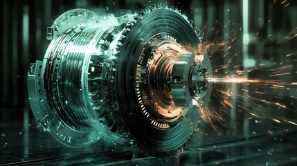 Detailed Close-Up of Modern Mechanical Engine Part with Sparks