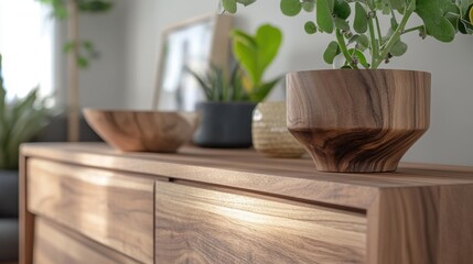 Wooden dresser with plant pots on the top, modern living room interior