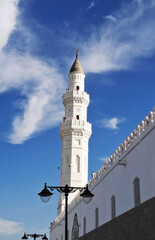 Quba Mosque minaret, with blue sky background.