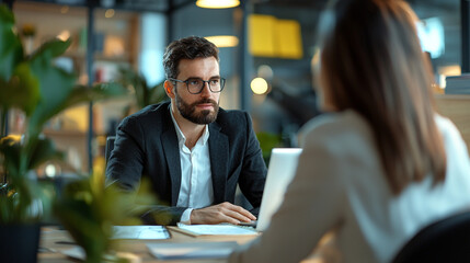 Obraz premium Business meeting in a modern office space showcasing focused dialogue between two professionals during a collaborative discussion on project ideas