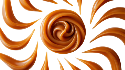 Flowing caramel cream rotating around swirling melted caramel on transparent background