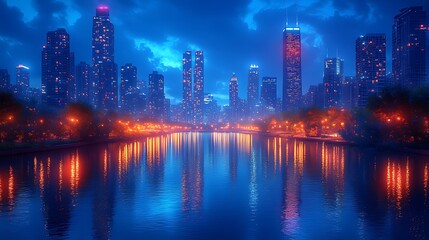 Fototapeta premium Night cityscape lake reflection, city lights, park, twilight
