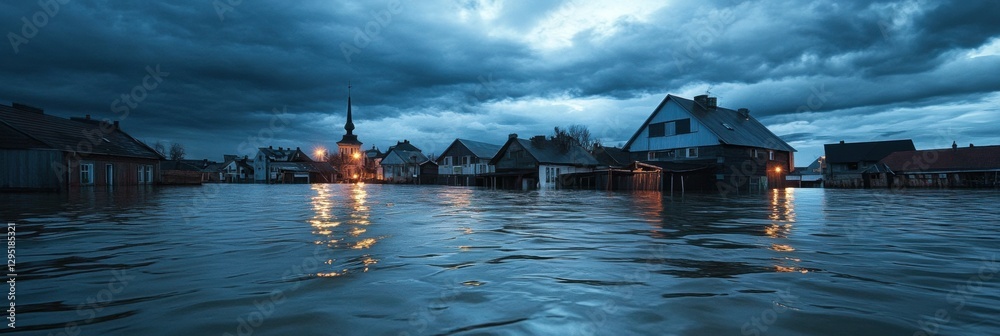 Poster floodwaters engulf urban rooftops under dramatic sky and soft lighting during an evening flood event