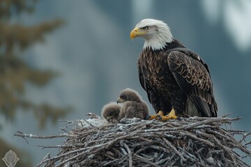 A large adult eagle protects its chicks in the nest structure