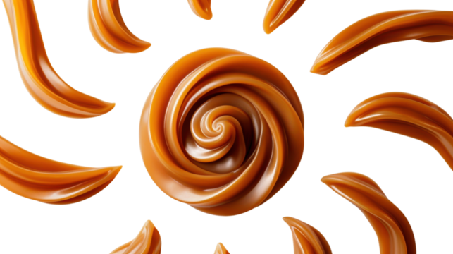 Swirling caramel cream center and flowing caramel splashes on transparent background