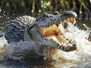 Obraz premium Majestic Crocodile with Open Mouth Splashing Water in Natural Habitat Captured in Stunning Detail, Showcasing Power and Beauty of Wild Reptiles