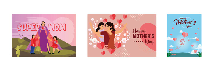 Mother's Day greeting card decorated with paper heart-shaped balloons.