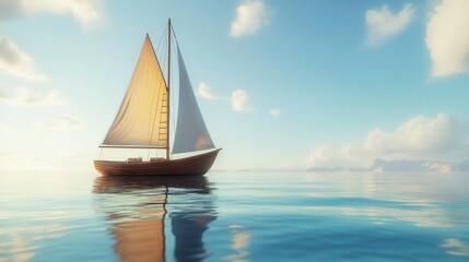 Fototapeta premium Wooden sailboat on calm sea, sunrise sky, idyllic scene