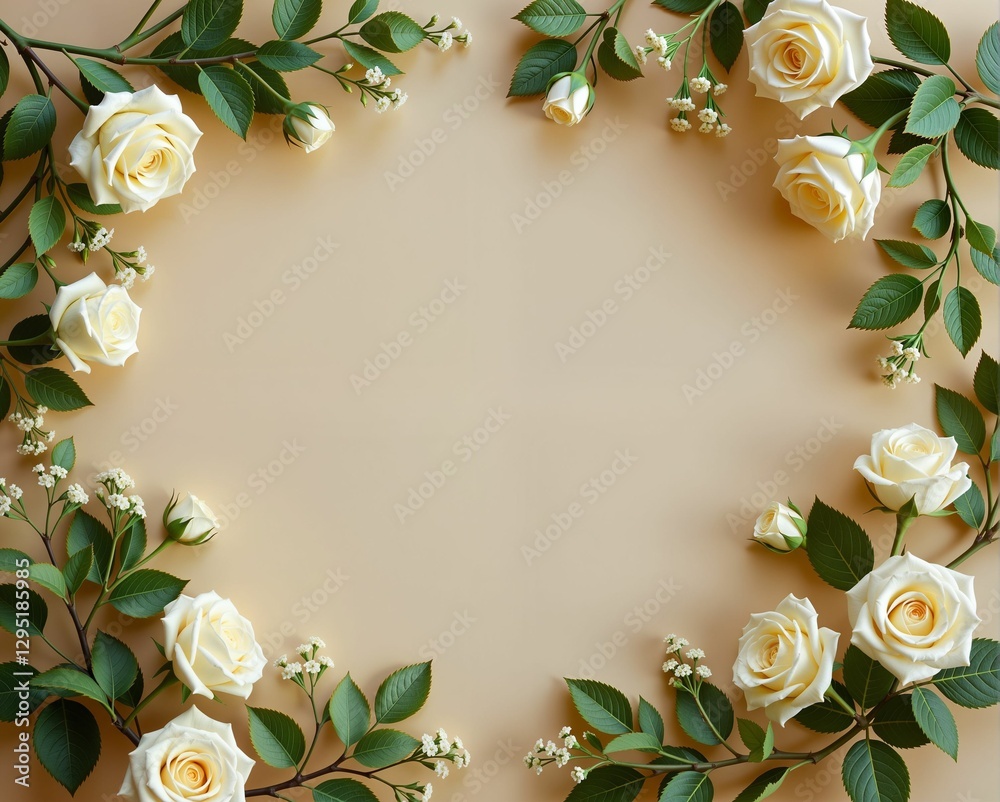 Wall mural A beautiful arrangement of white roses and greenery forming a delicate border on a soft, neutral background.