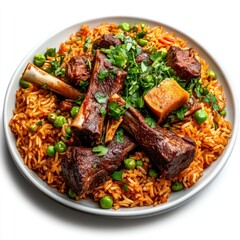 High-resolution image of a plate of lamb machboos against a white backdrop, perfect for e-commerce, catalogs, and promotional content, featuring spiced rice and slow-cooked lamb