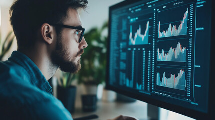 Engaging in market analysis while immersed in data trends during a focused work session in a modern office environment