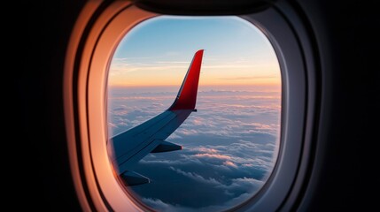 Airplane View High Above Clouds During Sunset Creating a Dreamlike Ethereal Atmosphere