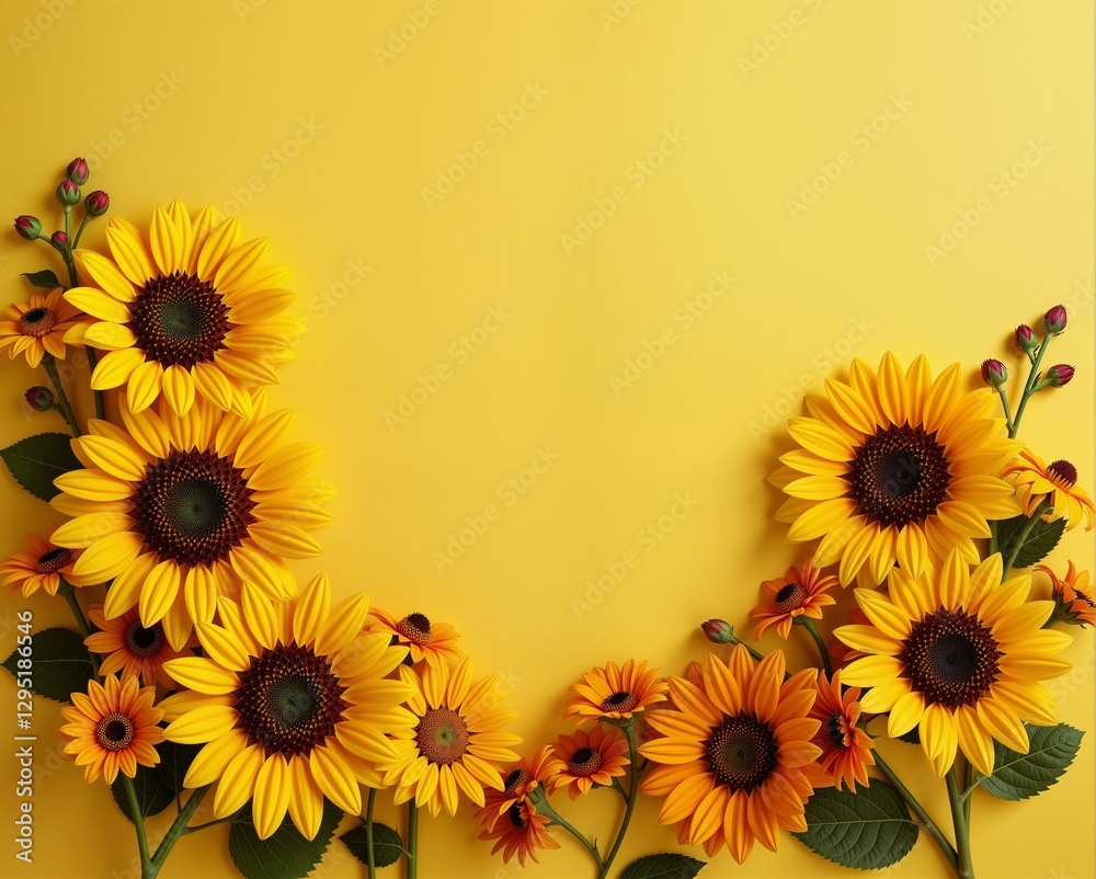 Wall mural A vibrant arrangement of sunflowers against a bright yellow background, showcasing their cheerful petals and green leaves in a delightful composition.