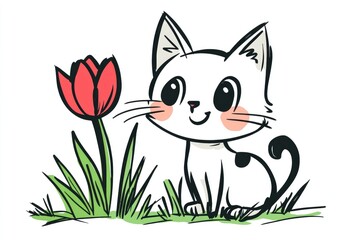 Fototapeta premium A Cute Kitten Sitting Beside a Red Blooming Tulip