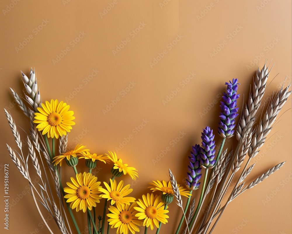 Wall mural A vibrant arrangement of yellow daisies and purple lavender against a warm, brown background, showcasing natural beauty and floral elegance.