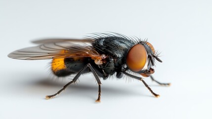 Fototapeta premium Close-up of a fly showcasing intricate details, highlighting its wings and body structure