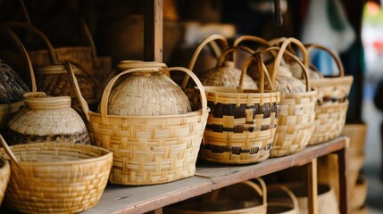 Wooden shelves display handcrafted woven bamboo baskets in a market
