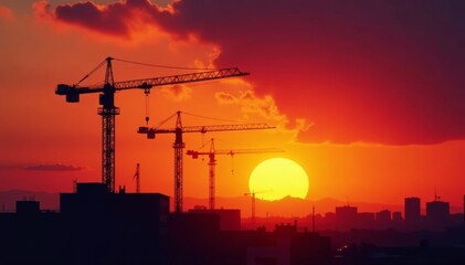Fototapeta premium Silhouetted cranes against fiery sunset over building site, work, property