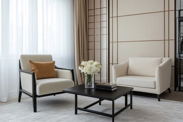 Two armchairs and a table feature interior living room design