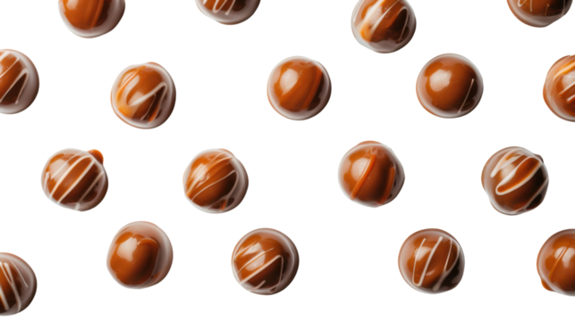 Caramel chocolate candies falling on transparent background