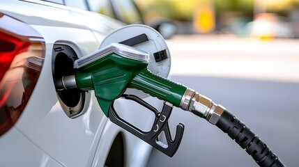 Close-up of a fuel pump nozzle inserted into a car's fuel tank at a gas station during daytime