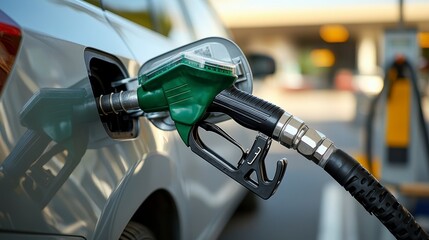 Close-up of a fuel pump nozzle inserted into a car's gas tank at a busy gas station