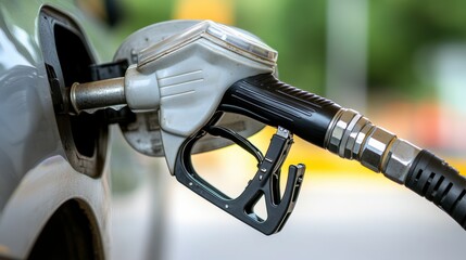 Close-up of a fuel pump nozzle inserted into a car's gas tank at a service station, with blurred background