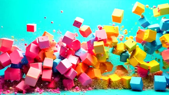 A lively burst of multicolored cubes in energetic motion, set against a vibrant teal backdrop, perfect for april fools day