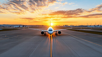 plane on runway at sunset, showcasing vibrant colors and busy airport