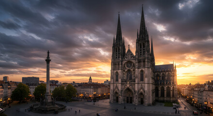 Fototapeta premium Majestic Cathedral in France at Sunset with Dramatic Cloudy Sky