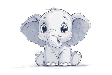 Fototapeta premium Cute baby elephant illustration, sitting, white background, children's book
