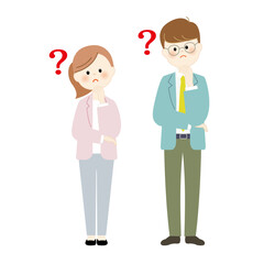 疑問に思い悩む若いビジネスパーソンの男女　全身