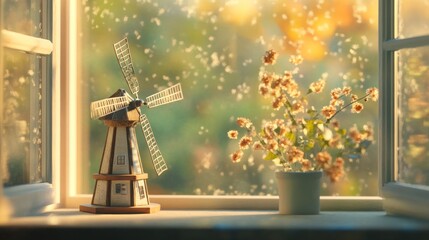 Obraz premium Wooden windmill model on windowsill, autumn view, light, flowers