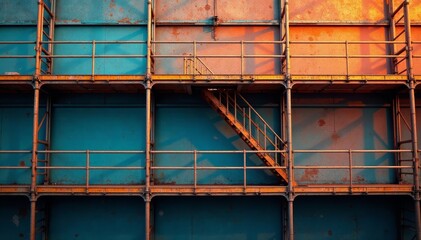 Steel scaffolding with integrated stairs, safe access , robust, industrial, safety