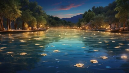 1. "Tranquil Water Ripples and Soft Bokeh Lights on a Calm, Bright Background: Perfect for Festive Banners, Flyers, and Greeting Cards"