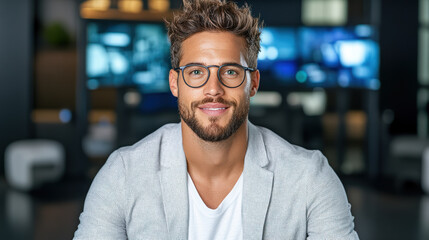 Obraz premium Professional man with glasses smiling in modern office setting