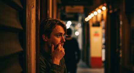 Thoughtful Young Man in Urban Alleyway with Warm Lighting, Perfect for Lifestyle and Contemplation Themes