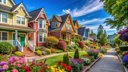 Colorful Homes with Vibrant Flower Gardens Under Blue Sky