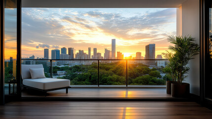 Luxurious high rise condominium with sunset view over city skyline